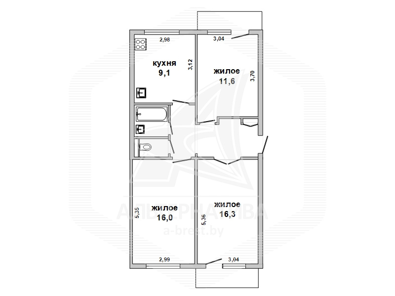  63.3кв.м., комнат 3, г. Брест (ДУБРОВКА)