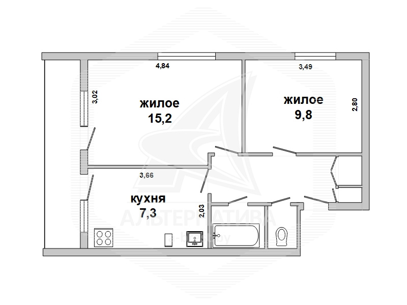  41.1кв.м., комнат 2, Каменецкий р-н