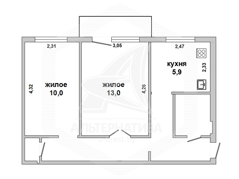  43.1кв.м., комнат 2, г. Брест (ЦЕНТР)