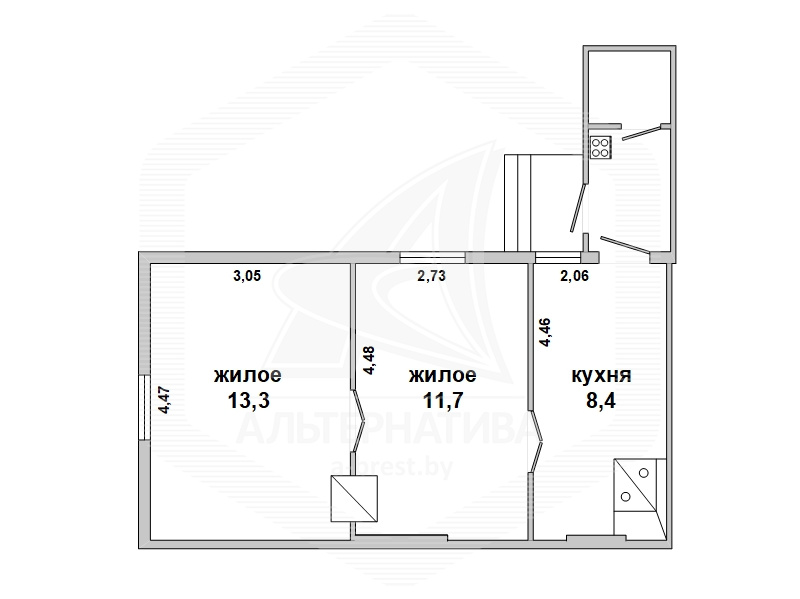  33.4кв.м., комнат 2, Каменецкий р-н