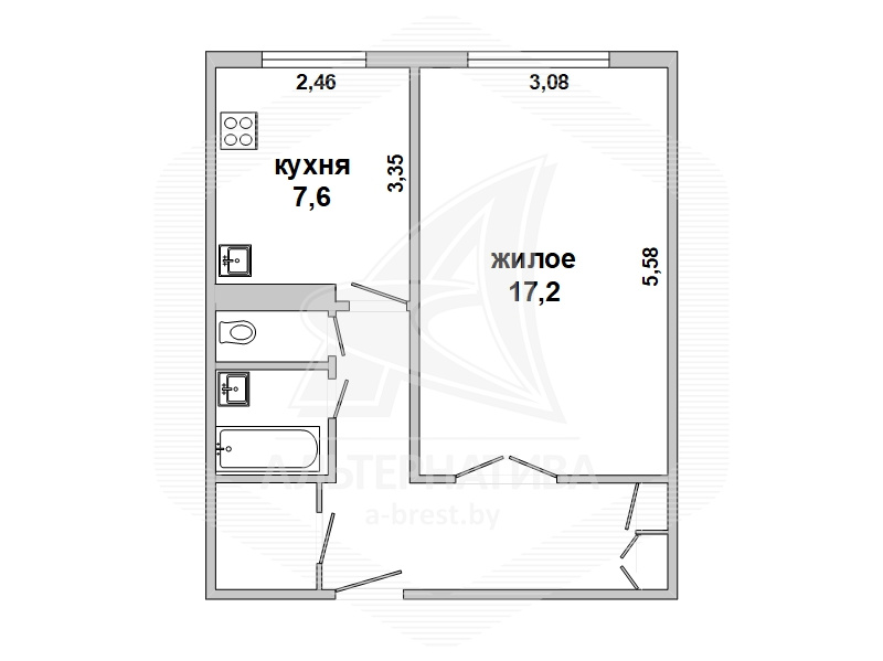  37.3кв.м., комнат 1, г. Брест (ВОСТОК)