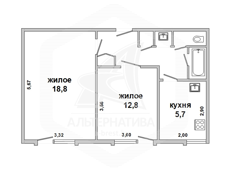  49.5кв.м., комнат 2, Каменецкий р-н