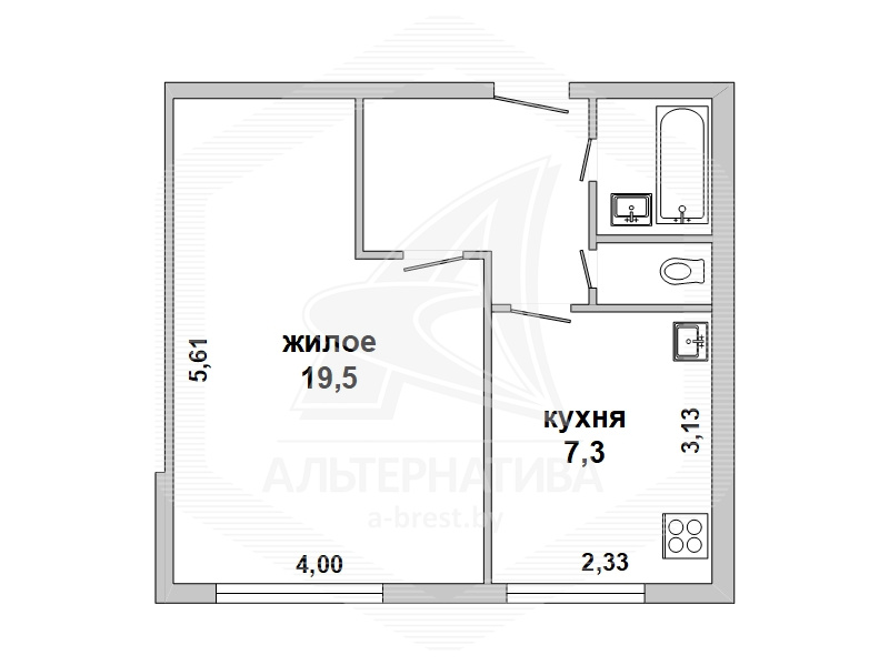  34.9кв.м., комнат 1, г. Брест (КИЕВКА)