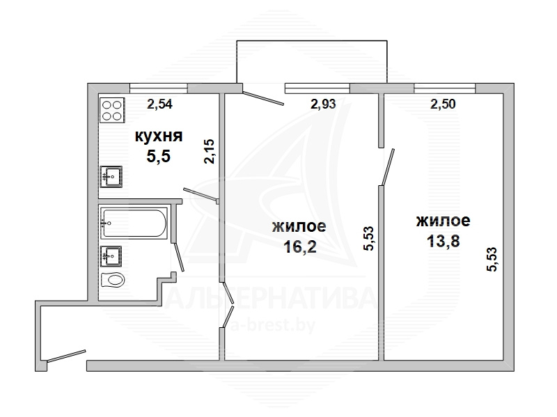  44.8кв.м., комнат 2, Кобринский р-н