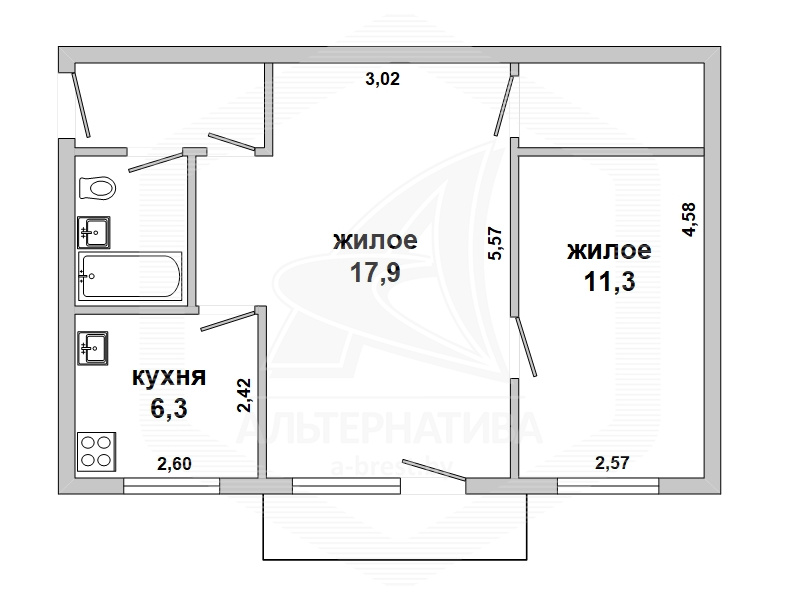  44.4кв.м., комнат 2, Кобринский р-н