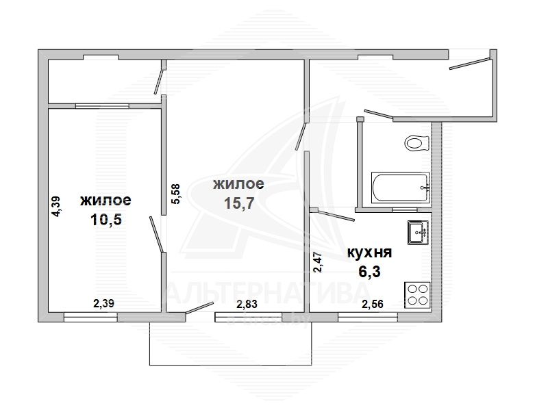  44.2кв.м., комнат 2, г. Брест (ЦЕНТР)