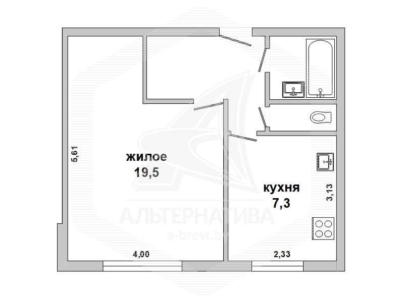  34.9кв.м., комнат 1, г. Брест (КИЕВКА)