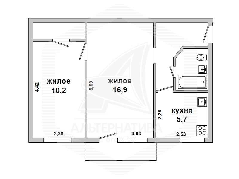  42.7кв.м., комнат 2, Каменецкий р-н