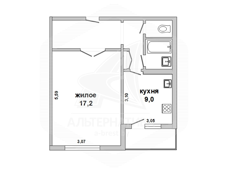  36.8кв.м., комнат 1, Малоритский р-н