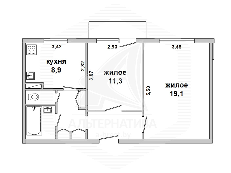  52.3кв.м., комнат 2, Жабинковский р-н