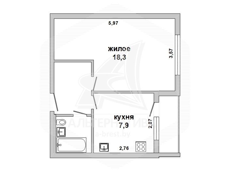  33кв.м., комнат 1, г. Брест (КИЕВКА)