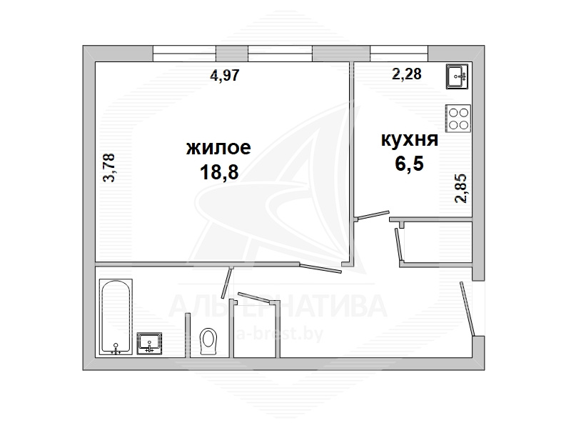  40.3кв.м., комнат 1, г. Брест (ЦЕНТР)
