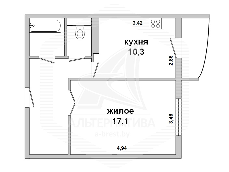  42кв.м., комнат 1, г. Брест (ЮЖНЫЙ)