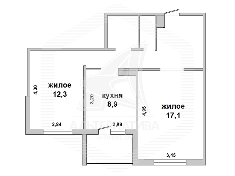  53.7кв.м., комнат 2, г. Брест (ВУЛЬКА)