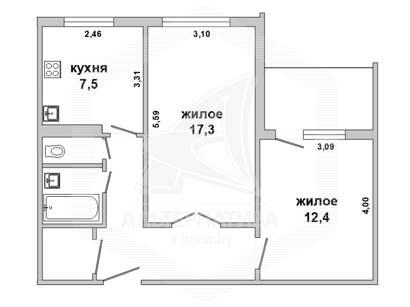  49.9кв.м., комнат 2, г. Брест (ВОСТОК)