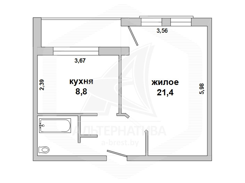  39.1кв.м., комнат 1, г. Брест (КОВАЛЕВО)