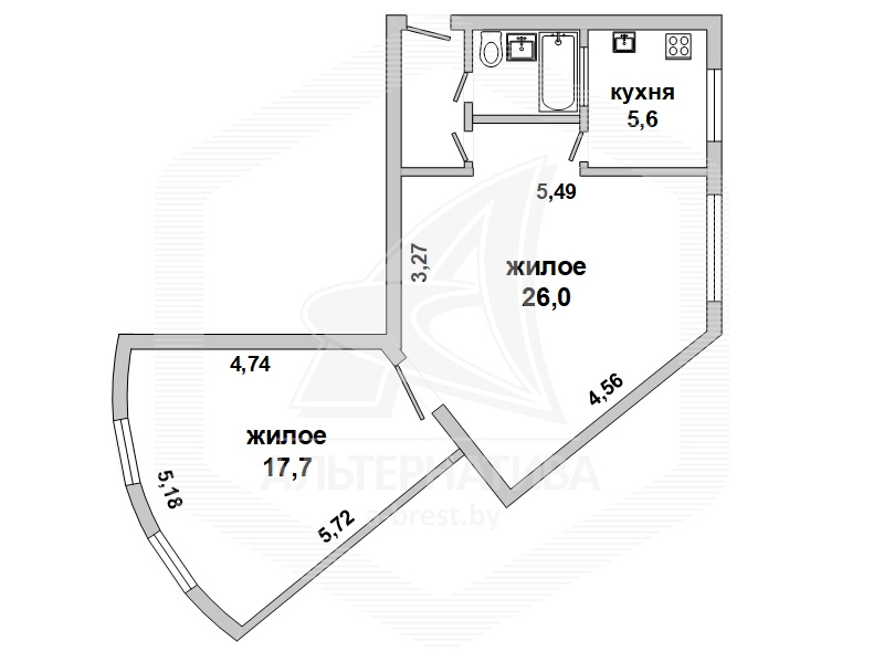  55.4кв.м., комнат 2, г. Брест (ЦЕНТР)