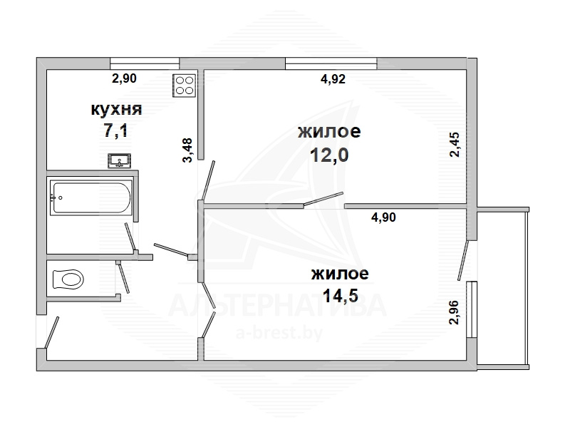  41.5кв.м., комнат 2, Каменецкий р-н