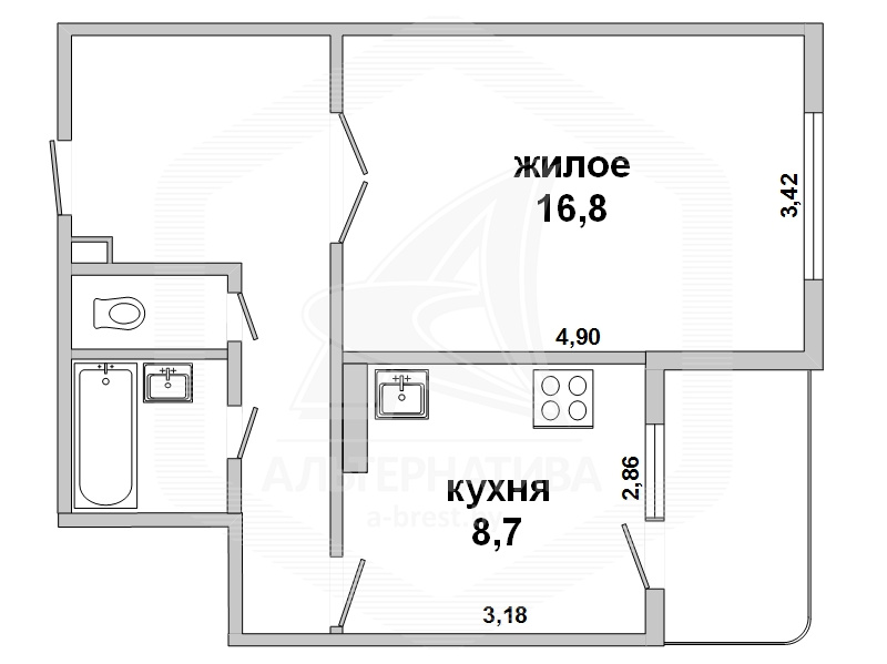  40.6кв.м., комнат 1, г. Брест (ВОСТОК)