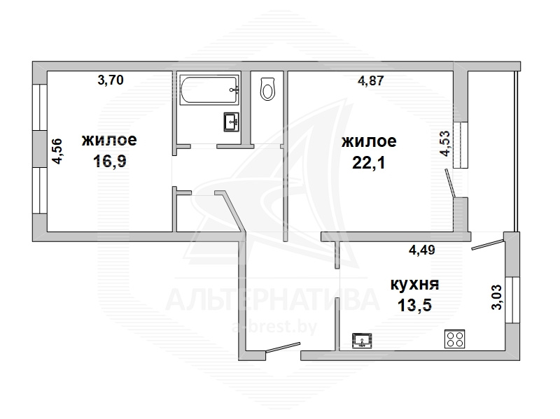  74.9кв.м., комнат 2, г. Брест (ЦЕНТР)