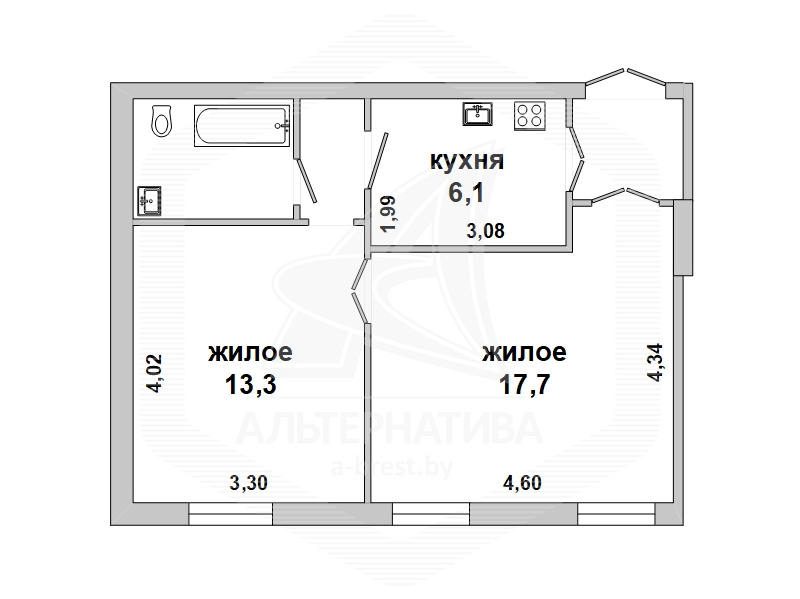  44.1кв.м., комнат 2, г. Брест (ЦЕНТР)