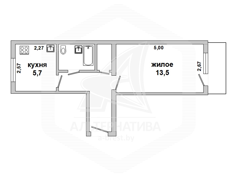  28кв.м., комнат 1, г. Брест (ГРАЕВКА)