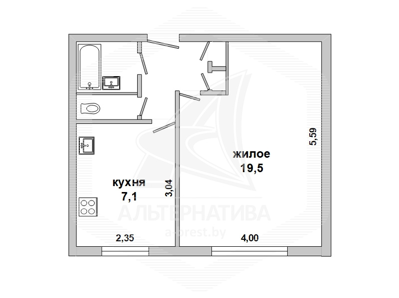  34.3кв.м., комнат 1, г. Брест (ЦЕНТР)