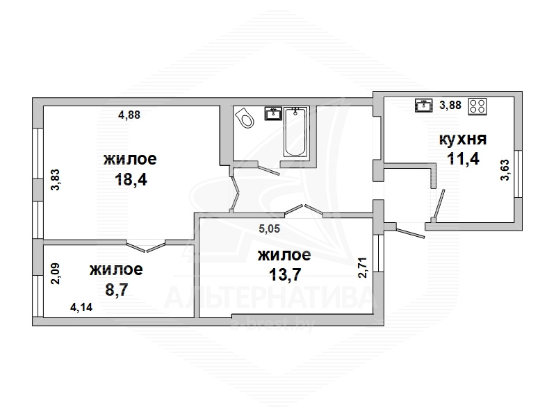 65.8кв.м., комнат 3, г. Брест (ЦЕНТР)