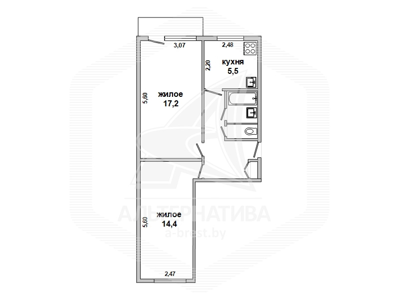  41.2кв.м., комнат 2, г. Брест (ЦЕНТР)
