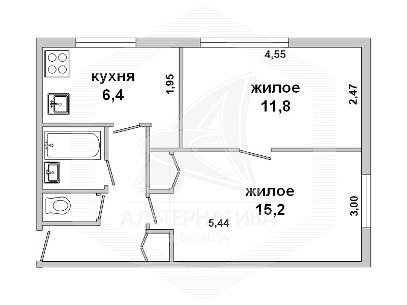  42.9кв.м., комнат 2, Каменецкий р-н