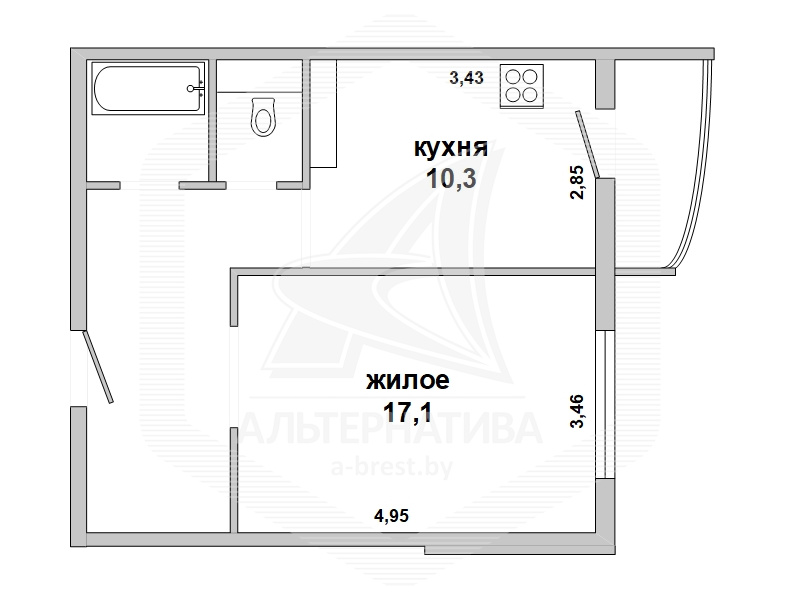  42.1кв.м., комнат 1, г. Брест (ВУЛЬКА)