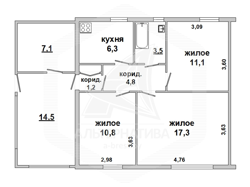  55.5кв.м., комнат 3, Каменецкий р-н