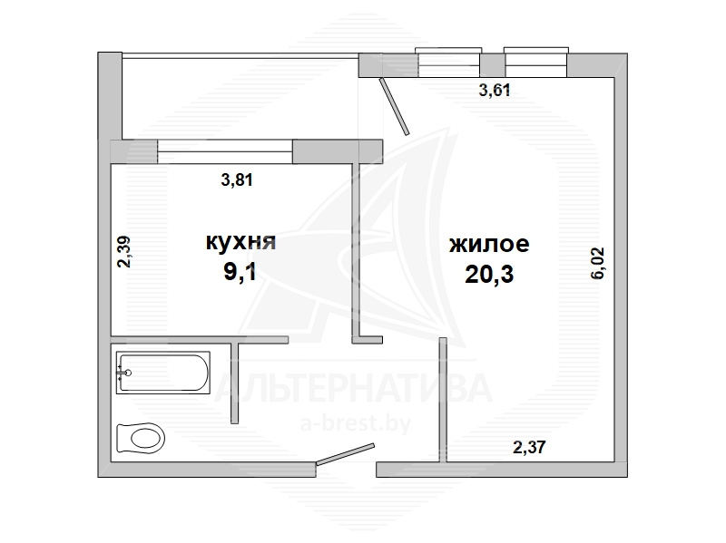  39.4кв.м., комнат 1, г. Брест (КОВАЛЕВО)