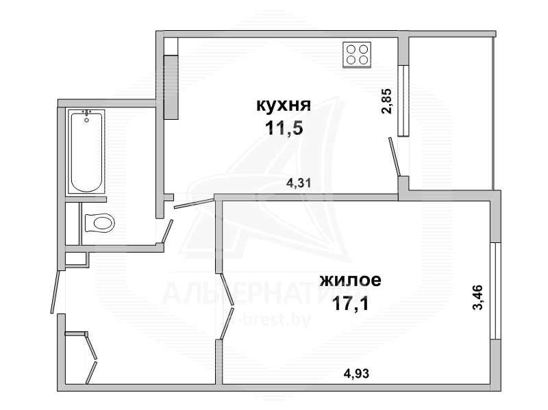  39.8кв.м., комнат 1, г. Брест (ЮЖНЫЙ)