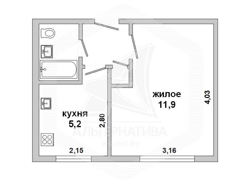  21.2кв.м., комнат 1, г. Брест (ГОБК)