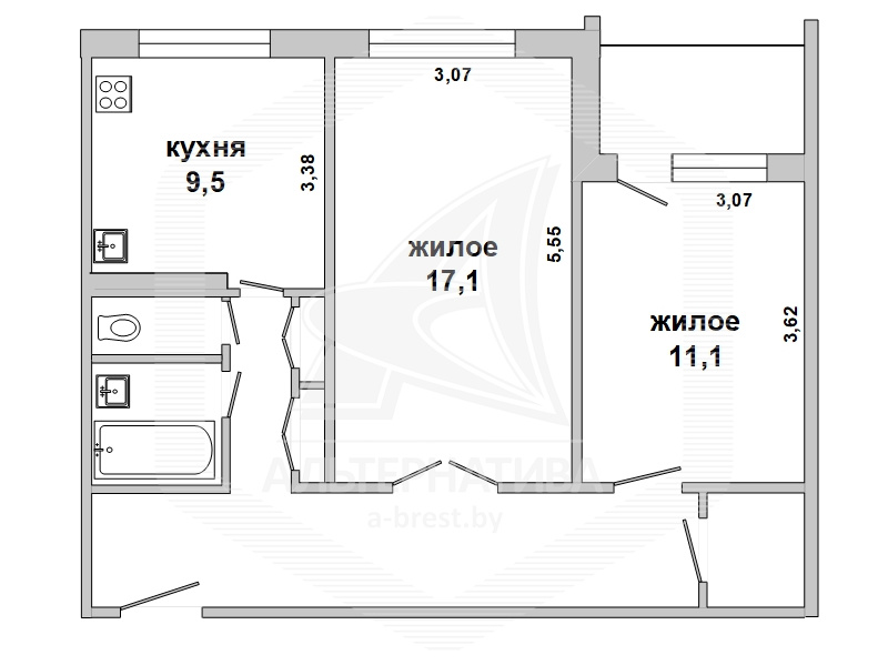  56.8кв.м., комнат 2, г. Брест (ВОСТОК)