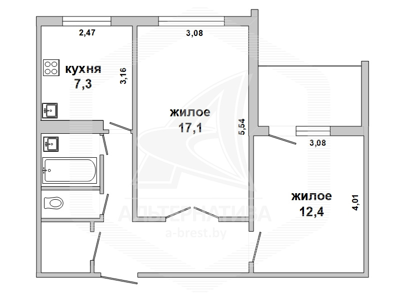  49.5кв.м., комнат 2, г. Брест (ВОСТОК)