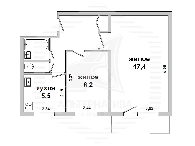  40.5кв.м., комнат 2, Малоритский р-н