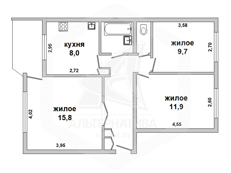  60кв.м., комнат 3, г. Брест (РЕЧИЦА)
