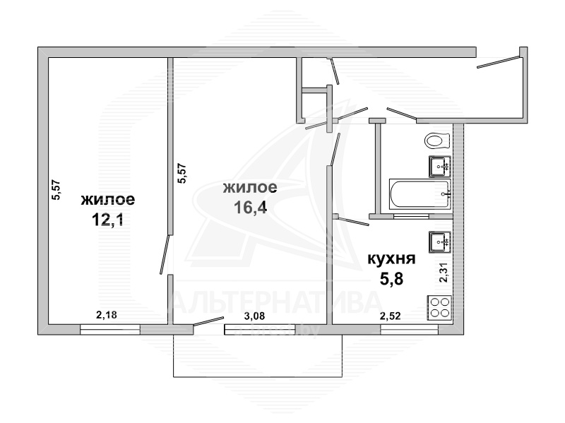  44.1кв.м., комнат 2, г. Брест (ЮЖНЫЙ)