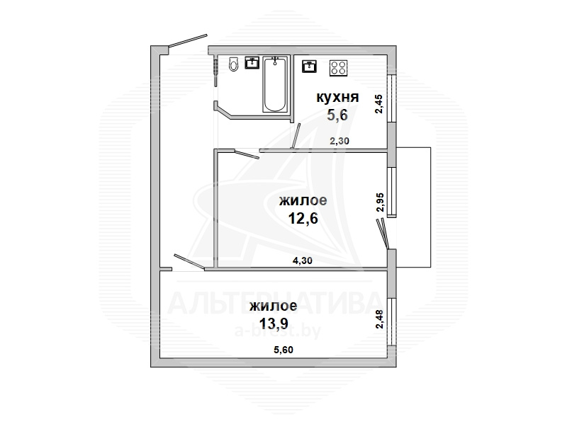  43.2кв.м., комнат 2, г. Брест (ЦЕНТР)