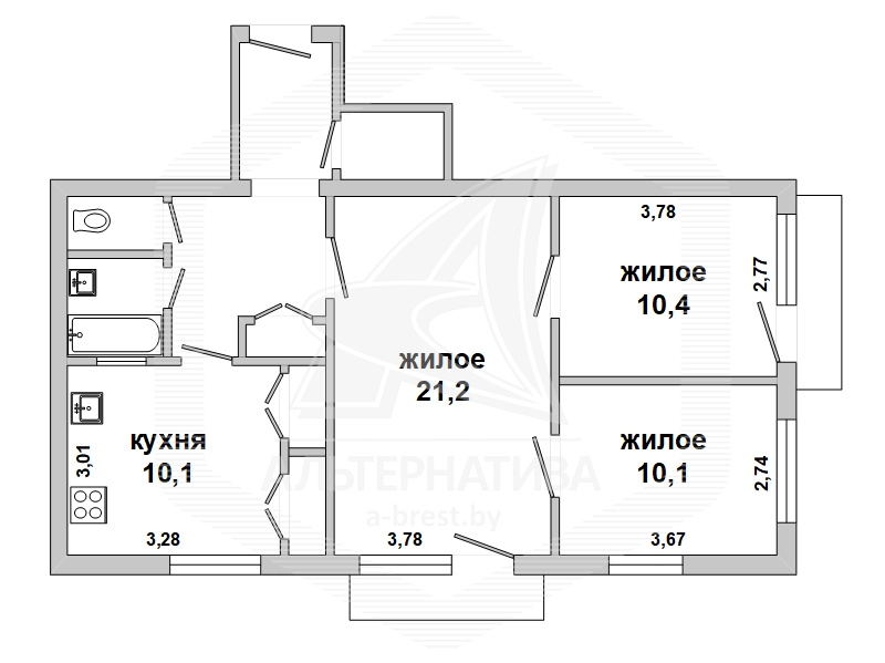  57.4кв.м., комнат 3, г. Брест (ЦЕНТР)