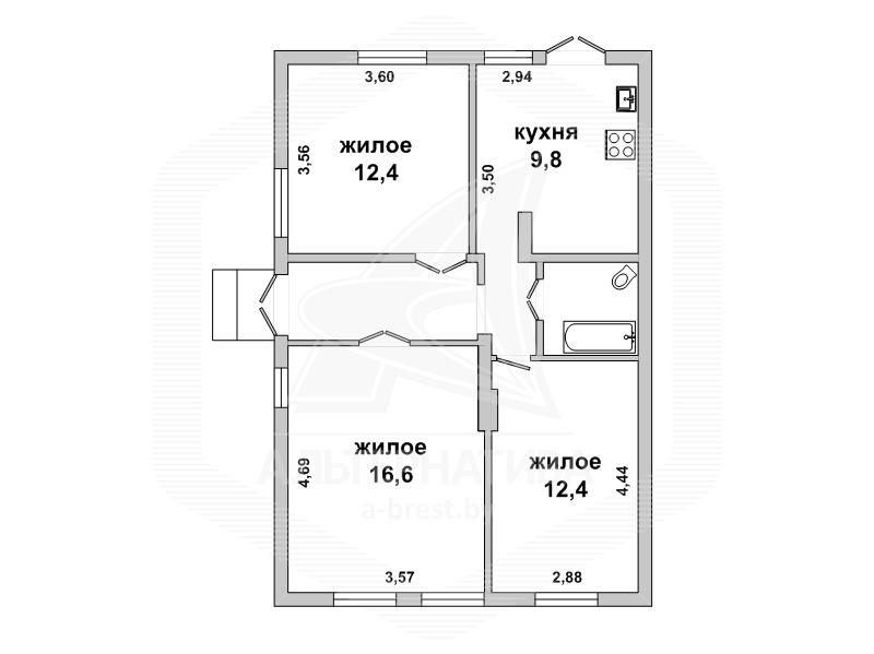  62.1кв.м., комнат 3, г. Брест (ЦЕНТР)