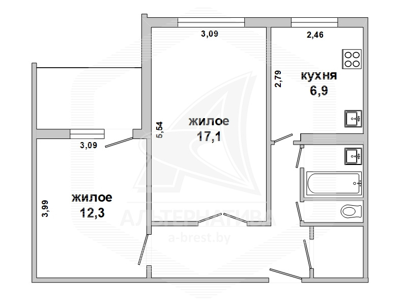  49.3кв.м., комнат 2, г. Брест (КОВАЛЕВО)