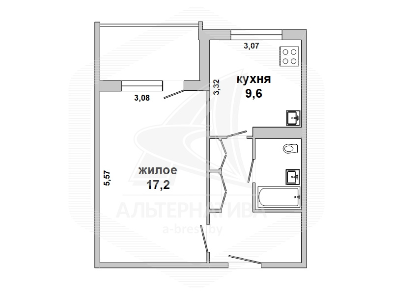  37.71кв.м., комнат 1, г. Брест (ЗАВОДСКАЯ)