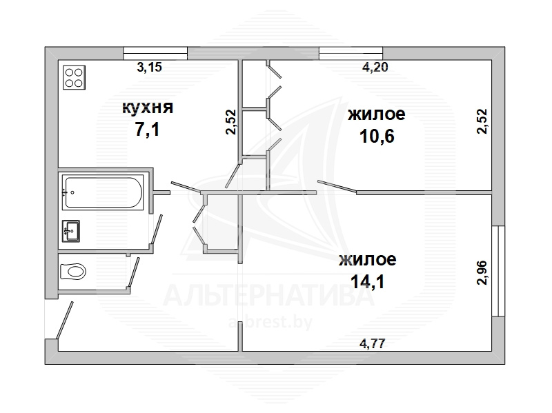  41.9кв.м., комнат 2, Жабинковский р-н