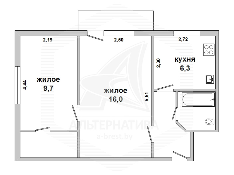  40.8кв.м., комнат 2, Каменецкий р-н
