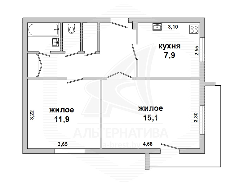  47.3кв.м., комнат 2, г. Брест (ВОСТОК)